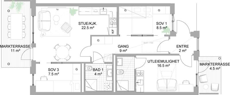 Alternativ planløsning: utleiedel, mot ekstra kostnad
